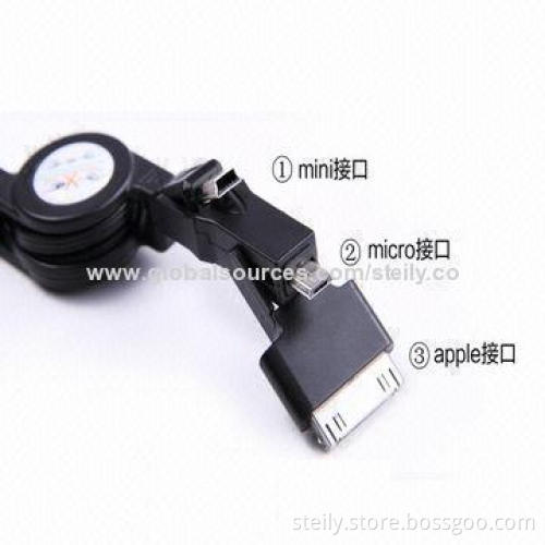Universal 3-in-1 Retractable Micro USB 2.0 Data Cable for 30-pin Interface/Micro USB/Mini USB Models